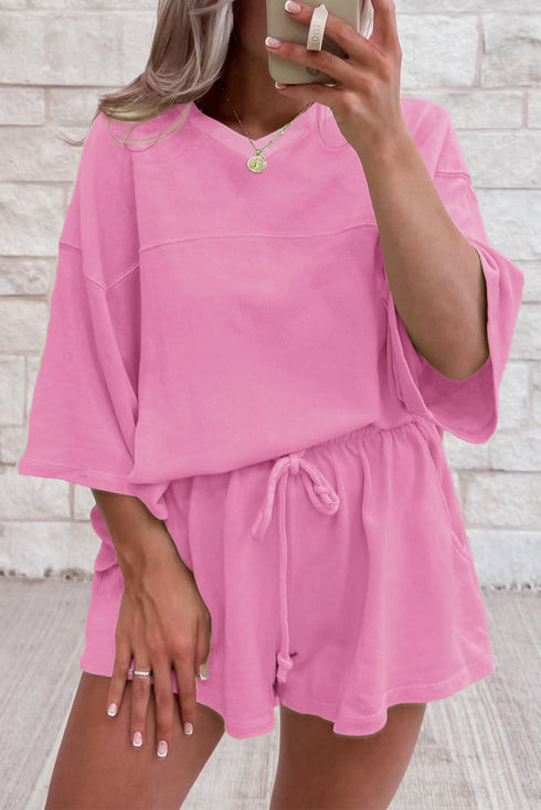 Relaxed Fit V Neck Drawstring Lounge Shorts Set